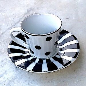 222 FIFTH POLKADOT DEMITASSE CUP & SAUCER PORCELAIN BLACK WHITE